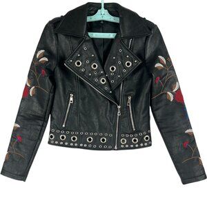 Romeo Juliet Couture Women Black Faux Leather Embroidered Moto Jacket Small NWOT